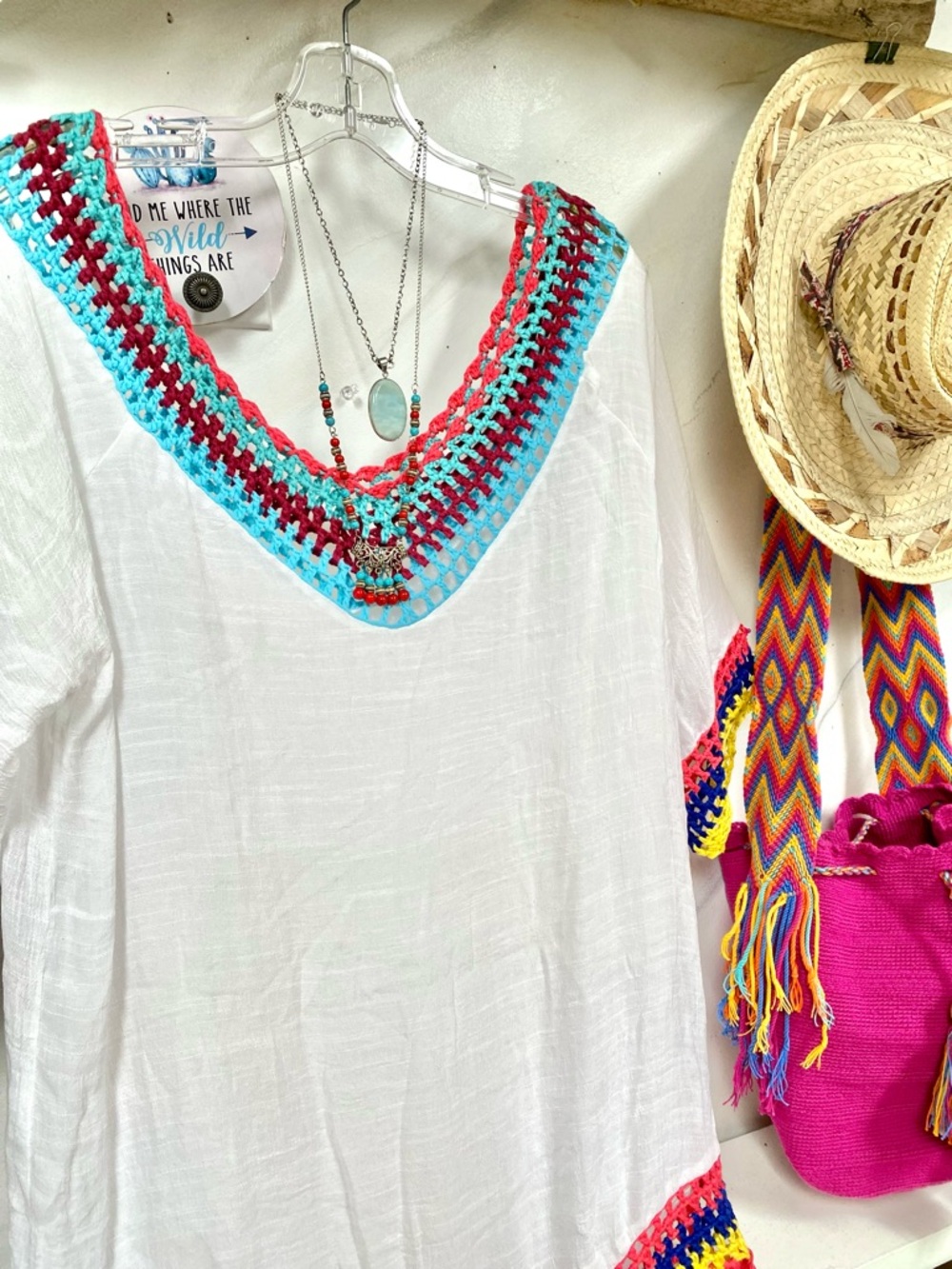 Granny fringe crochet boho tunic dress cover up w hippy Gypsy beach vibe - Picture 8 of 13
